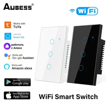 Aubess Smart Life Home Домашний WiFi Беспроводной Дистанционный Настенный Выключатель Голосовое Управление США Сенсорный Датчик Светодиодные Выключатели Alexa Google Home