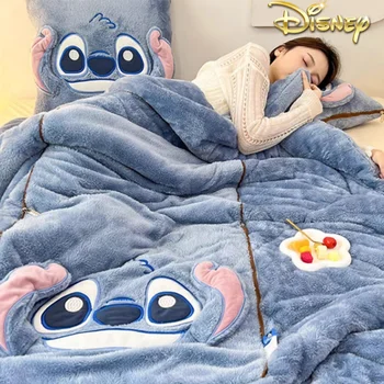 Пледы-подушки Disney Stitch, два в одном, кавайная фланелевая подушка, одеяло с утолщенным ворсом, вышитая пледная подушка двойного назначения