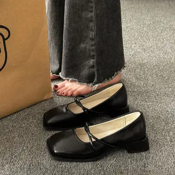 Женская Летняя Обувь Повседневная Женская Обувь из натуральной кожи 2023 года с Квадратным Носком Черного Цвета в Японском стиле 