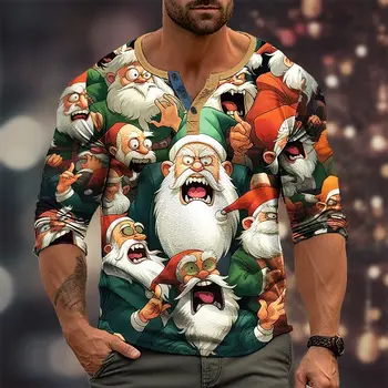 Рождественская футболка для мужчин с хлопковой футболкой на пуговицах, Рождественская шляпа, футболка с графическим принтом, футболка с длинным рукавом, топы для мужчин большого размера