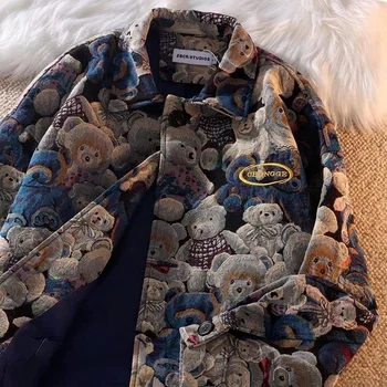 Осенне-зимняя модная повседневная куртка с лацканами с милым медвежьим принтом для мужчин и женщин, однобортный пиджак 2022, Новая женская одежда