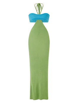 Женское облегающее длинное платье на бретелях без рукавов контрастного цвета с вырезом и разрезным подолом, трикотажное платье, пляжная одежда