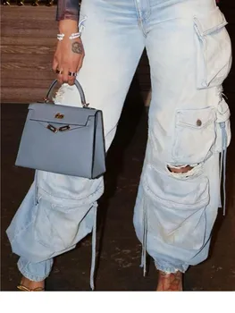 Женские джинсовые брюки-карго в стиле сафари с разорванным низом на шнурке и эластичной резинкой на талии, модные джинсовые брюки-карго 2023 года, INS