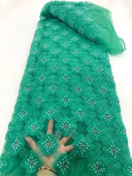 Африканская ткань с 3D цветами 5 ярдов 2023 г. Высококачественная Французско-Нигерийская кружевная ткань с вышивкой бисером и пайетками для свадьбы