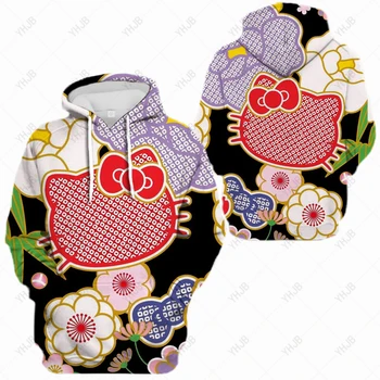 Женская толстовка с капюшоном 2024, милая свободная японская толстовка с рисунком Hello Kitty, повседневная плюшевая повседневная толстовка, хлопковый пуловер, женская одежда