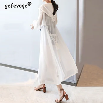 Женская одежда Летняя Корейская мода, Элегантные Солнцезащитные рубашки на шнуровке, Женский Однотонный Тонкий кардиган с капюшоном средней длины с длинным рукавом