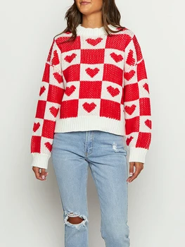 Женские свитера в клетку с принтом в виде сердца, Свободные пуловеры с длинным рукавом и круглым вырезом, трикотажные топы, осенне-зимний трикотаж
