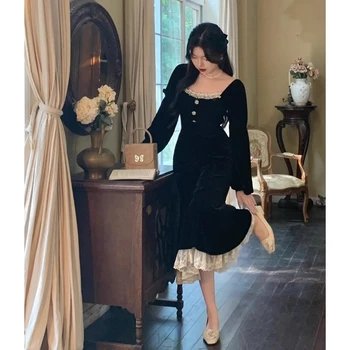 Черное бархатное платье в стиле Хепберн 2023 года, придворное ретро-чаепитие, французские длинные осенние и зимние платья с внутренним низом