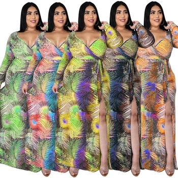 HAOOHU Плюс Размер, женское сексуальное платье с V-образным вырезом, длинным рукавом, завышенной талией, модные платья с разрезной длинной юбкой с принтом