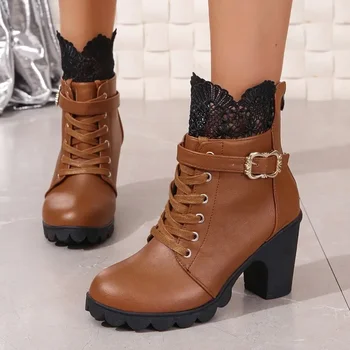 Женская обувь 2023 г., Высококачественные женские ботинки на шнуровке, зимняя однотонная обувь с круглым носком, женские модные ботинки на коротком бочкообразном массивном каблуке