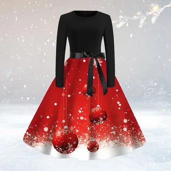 Элегантное вечернее платье с рождественским принтом, женское ретро-платье 50-х 60-х годов, коктейльное платье с большими размахами, повседневное платье Миди, Зимняя Рождественская одежда