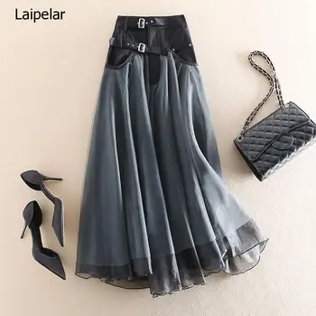 2023 Корейская сетчатая юбка с поясной сумкой, черная юбка, женская одежда, плиссированная юбка, повседневные юбки трапециевидной формы до середины икры, Faldas