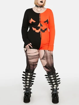 Женский комбинезон на Хэллоуин с длинным рукавом и круглым вырезом на молнии контрастного цвета с гримасой, облегающее боди, одежда для отдыха, пижамы