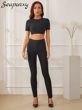 Высококачественный женский модный черный бандажный комплект 2023, сексуальный короткий топ с коротким рукавом + брюки с завышенной талией, High Street 2, комплект из двух предметов