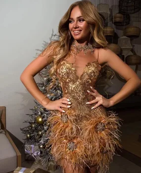 Высококачественное Облегающее Платье Без Рукавов С Золотыми Перьями, Элегантное Вечернее Платье Для Вечеринки Vestidos