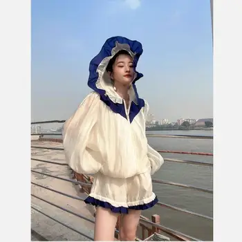Лоскутные кружевные женские костюмы в Корейском стиле, милые летние шорты с капюшоном и эластичной талией, брюки, комплект солнцезащитной одежды из 2 предметов