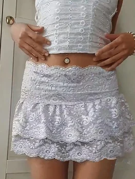 Женская Мини-юбка, Элегантная Кружевная юбка с низкой талией, Летняя Многослойная юбка в стиле Пэчворк для Клубной вечеринки