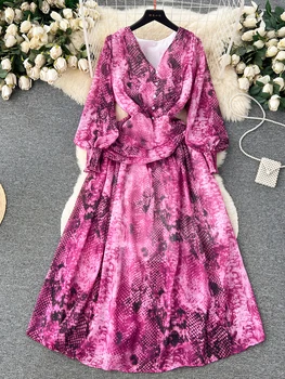 Осеннее длинное платье с фиолетовым / розовым оттенком/зеленым принтом, винтажный V-образный вырез, рукав-фонарь, Высокая талия, элегантное женское платье Макси