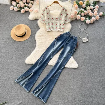 Весенне-летние короткие топы в стиле японской милой девушки в стиле ретро с V-образным вырезом и перекрестными завязками, открытые расклешенные брюки, костюм-двойка