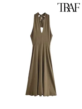 TRAF 2023 Летние длинные платья на бретелях для женщин, плиссированные женские платья Миди, сексуальное женское платье с открытой спиной для вечеринок