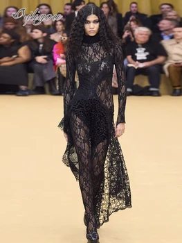 Ailigou 2023, Новый женский Сексуальный Высококачественный Черный кружевной комбинезон, женское модное облегающее боди с оборками по краям, длинным рукавом и длинными рукавами