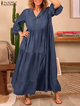 ZANZEA Женское Винтажное джинсовое платье, сарафан Оверсайз, однотонное Синее платье трапециевидной формы, Праздничное платье для работы, Модный джинсовый халат, Элегантные платья