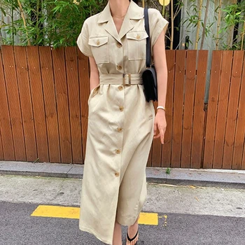 Шикарное платье цвета хаки для женщин 2023 Летние каникулы Уличная одежда Облегающая Женская одежда Корейская мода без рукавов Y2k Vestido