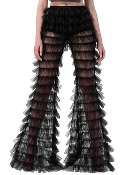 Струящиеся и шикарные женские Черные прозрачные многоярусные брюки-клеш с широким расклешенным низом для лета