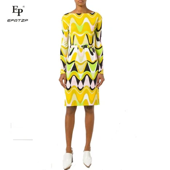 EFATZP, новое осеннее модное дизайнерское платье, Женское платье с длинными рукавами, желтый эластичный трикотаж с геометрическим принтом, Тонкие шелковые повседневные платья