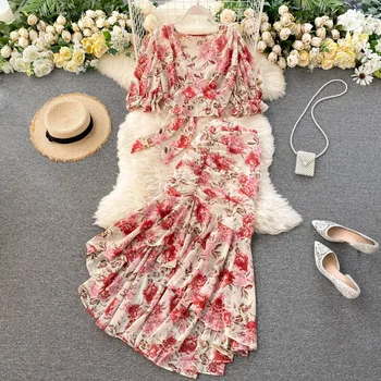 Женское весенне-летнее подиумное модное платье с цветочным принтом, шифоновое платье из 2 предметов, женская сексуальная юбка в виде рыбьего хвоста, шикарное тонкое пляжное платье TB1748
