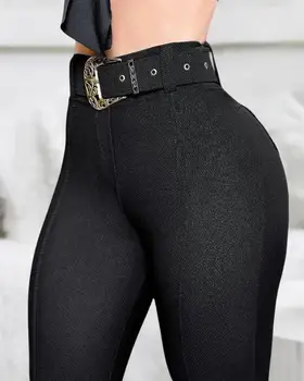 Женские брюки Весенний тренд 2023, модный дизайн карманов с высокой талией, повседневные Однотонные Узкие Повседневные Длинные брюки с поясом