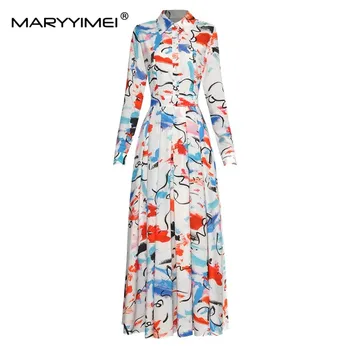 Модное дизайнерское осеннее женское платье MARYYIMEI с отложным воротником, длинными рукавами и принтом в виде граффити, тонкие плиссированные платья