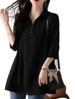 5XL Свободные женские весенне-осенние блузки, рубашки, Женские модные повседневные блузки с длинным рукавом и отложным воротником, черные топы CT0354