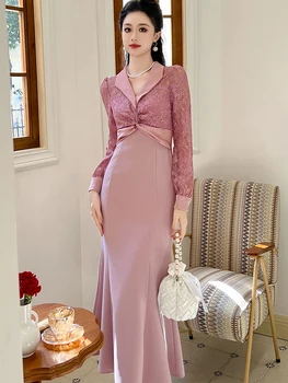 Длинное платье знаменитостей в стиле ретро, женское Милое Элегантное Розовое Крученое прозрачное кружево с оборками, халат с рыбьим хвостом, праздничное платье для банкета, Vestidos
