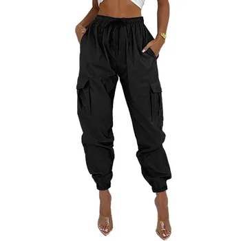 Однотонные черные повседневные брюки с карманами, высокая талия, Длинные брюки-карандаш на пуговицах, Осенняя уличная одежда Y2K, Свободные брюки-карго 2023