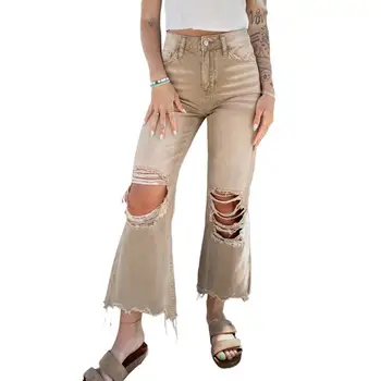 Женские рваные расклешенные джинсы с накладными карманами, планка на молнии, винтажные свободные брюки с высокой талией, осенние джинсовые брюки