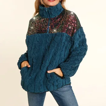 Женский осенне-зимний пуловер из блестящего жаккарда в стиле пэчворк, водолазка с двойным карманом, женская легкая куртка на молнии