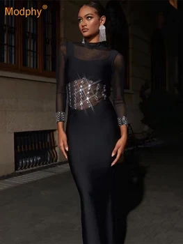 Женское облегающее платье Миди Modphy из сверкающей хрустальной сетки с длинными рукавами, сексуальное черное элегантное вечернее платье для вечеринок 2023 Года, дамы