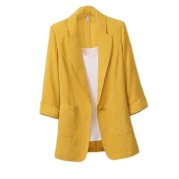 Однотонный пиджак, женское формальное тонкое пальто, модный хлопковый льняной пиджак большого размера, повседневное пальто, женский офисный костюм