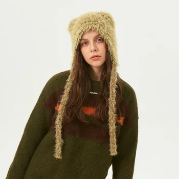 Шерстяная шапка с ремешком в горошек допаминового цвета для женщин, зимний теплый пуловер, милая зимняя шапка с медведем, оригинальный дизайн