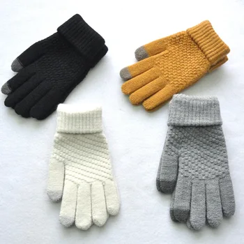 Новые зимние утепленные теплые перчатки для мужчин и женщин, однотонные вязаные варежки с сенсорным экраном, велосипедные, лыжные, Вязаные перчатки