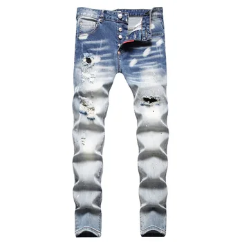 Мужские модные джинсы уличная одежда в стиле панк, мотоциклетные рваные мужские узкие джинсы с принтом