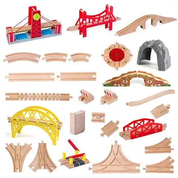 Игрушечная железная дорога с деревянным гоночным треком, аксессуары для поездов с несколькими объемными прямыми мостами, набор игровых игрушек, развивающие занятия для детей
