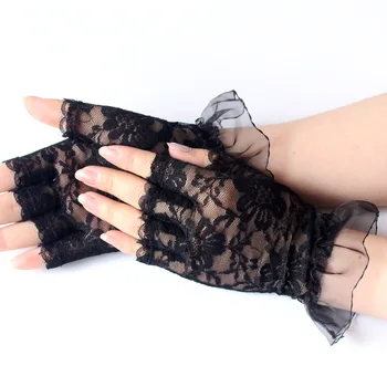 Женские модные Летние кружевные перчатки Без пальцев, сексуальная тюлевая сетка в цветочек, черная варежка, короткие солнцезащитные перчатки для вождения, женские вечерние варежки