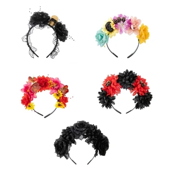 Модный Многоцветный обруч для волос в форме цветка и Черепа, Повязка на голову на Хэллоуин, Сценическая Свадебная вечеринка, Женская повязка для укладки волос 10CF
