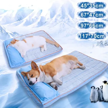 Летний Прохладный Матрас для домашних животных Ортопедический диван с эффектом памяти из пены с эффектом памяти для домашних животных с подушкой Отвод тепла Дышащий Водонепроницаемый Съемный Моющийся