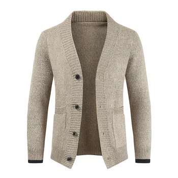 Мужской кардиган, повседневный свитер, пальто, Длинный рукав, однотонный вязаный свитер, V-образный вырез, Зимняя Корейская одежда 2024New