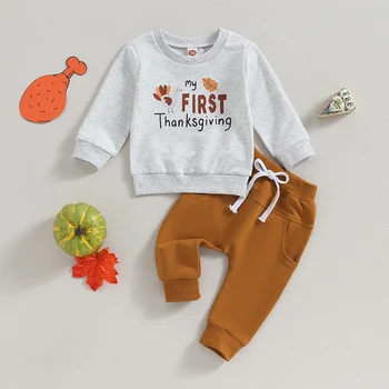Одежда для мальчика на День благодарения, толстовка с длинными рукавами и штаны с буквенным принтом Индейки, одежда для маленьких девочек Осень-зима