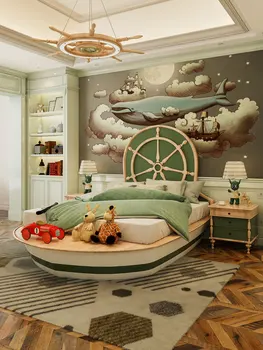 Кровать Island Boat Двуспальная Детская Креативная кровать Boy Средиземноморская кровать-лодка Кровать Pirate Boat Кровать Personality Queen bed