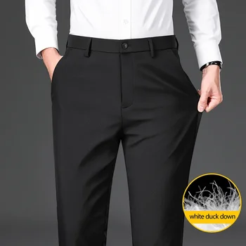 Зимние Легкие и теплые пуховые повседневные брюки, высококачественная деловая мода, Однотонные прямые брюки-стрейч, черный, темно-серый